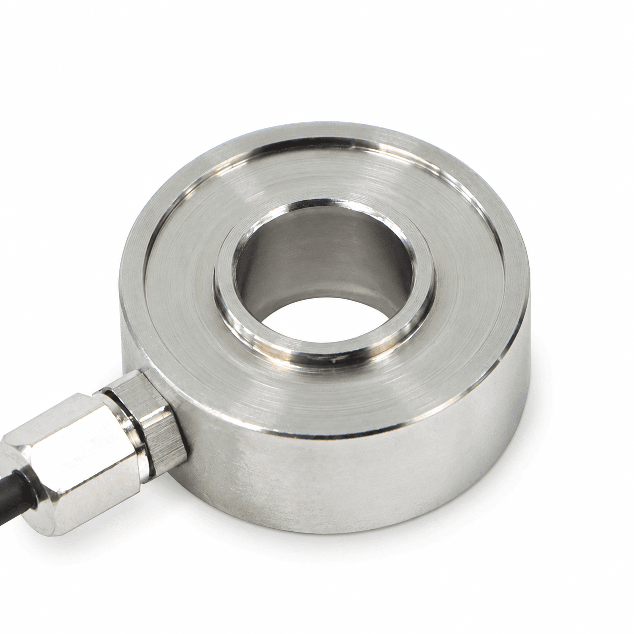 Through-hole compression load cell with an annular loading face and side cable outlet